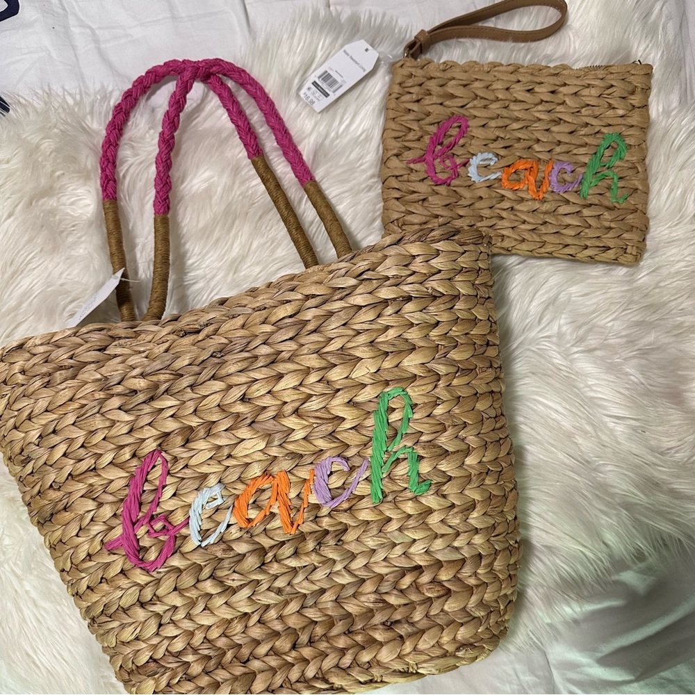 Beach Woven Tote and Pouch Set - Tan with Multicolor Accents